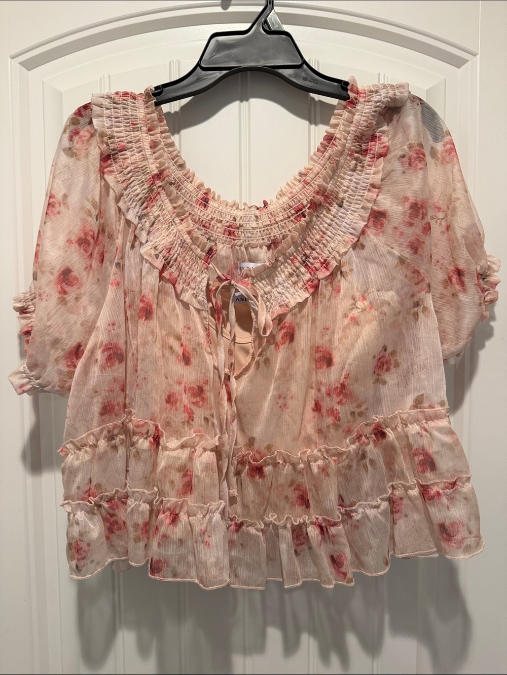 Smocked Ruffle Floral Blouse - Pink